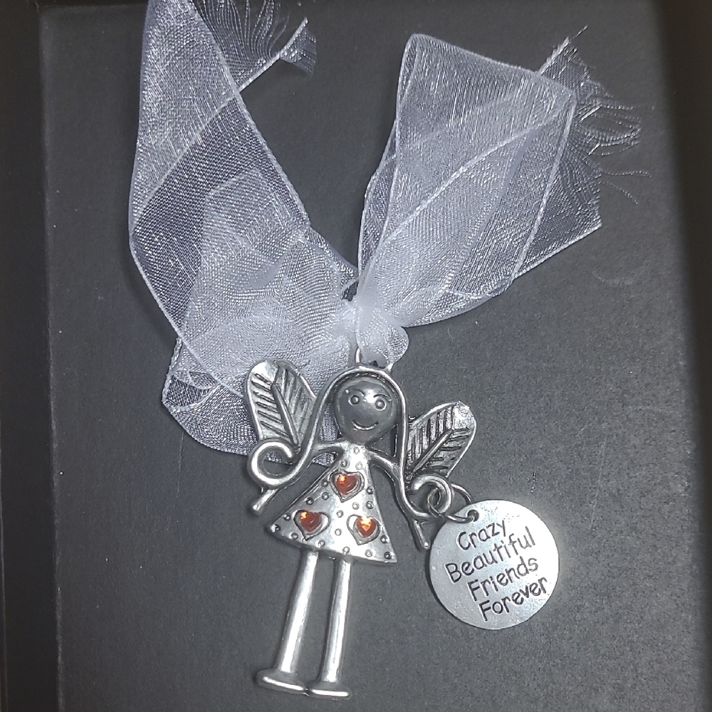 Friend Gift Silver "Friends" Angel Gift Pendant with White Ribbon